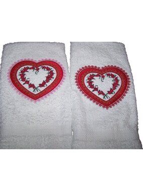Kitchen Towel Embroidered 100%  Set 2 Cotton Terry  Pink & Red Hearts & Flowers